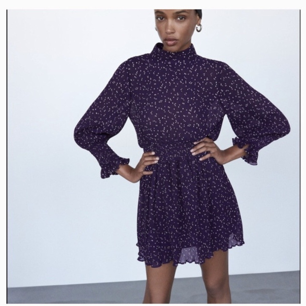 Zara Smocked Purple Polka Dot Mini Dress Romper Semi-Sheer High-Neck
